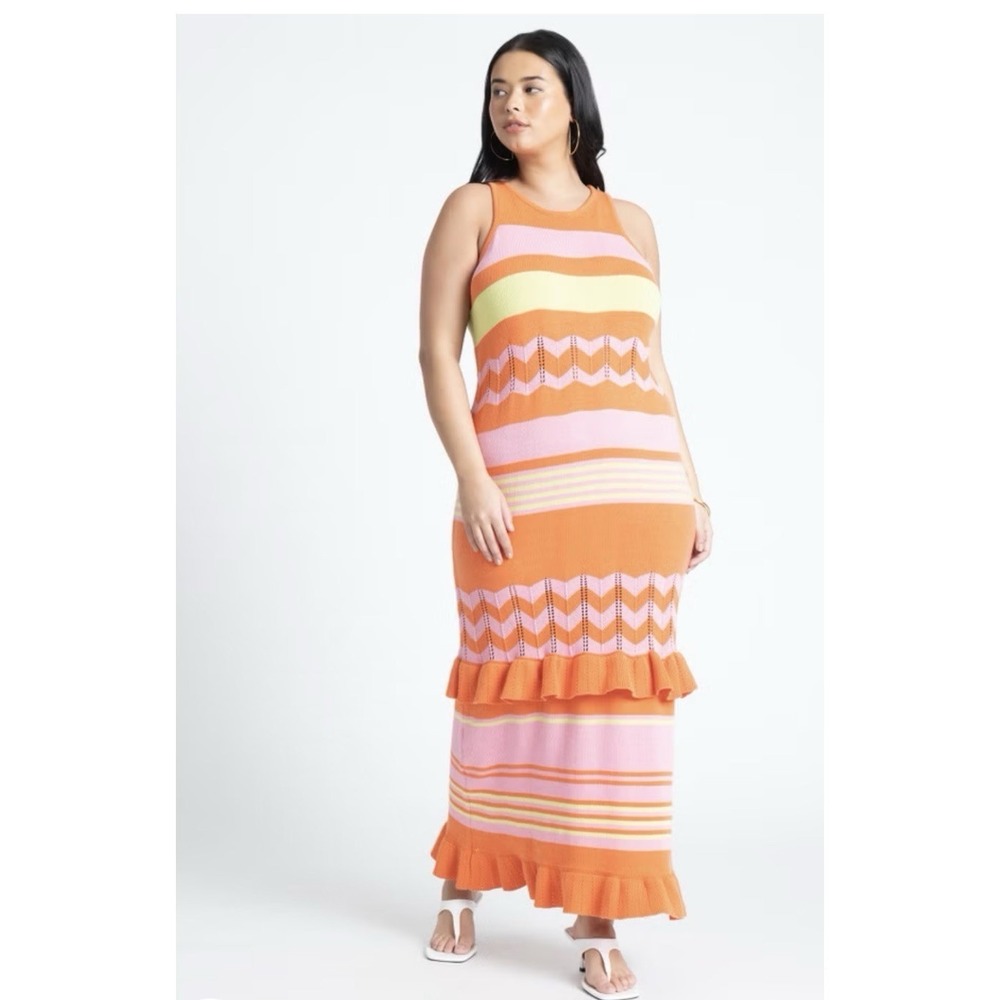 ELOQUII Ruffle Tank Sweater Dress Sorbet Stripe Maxi Dress Plus Size 22 24